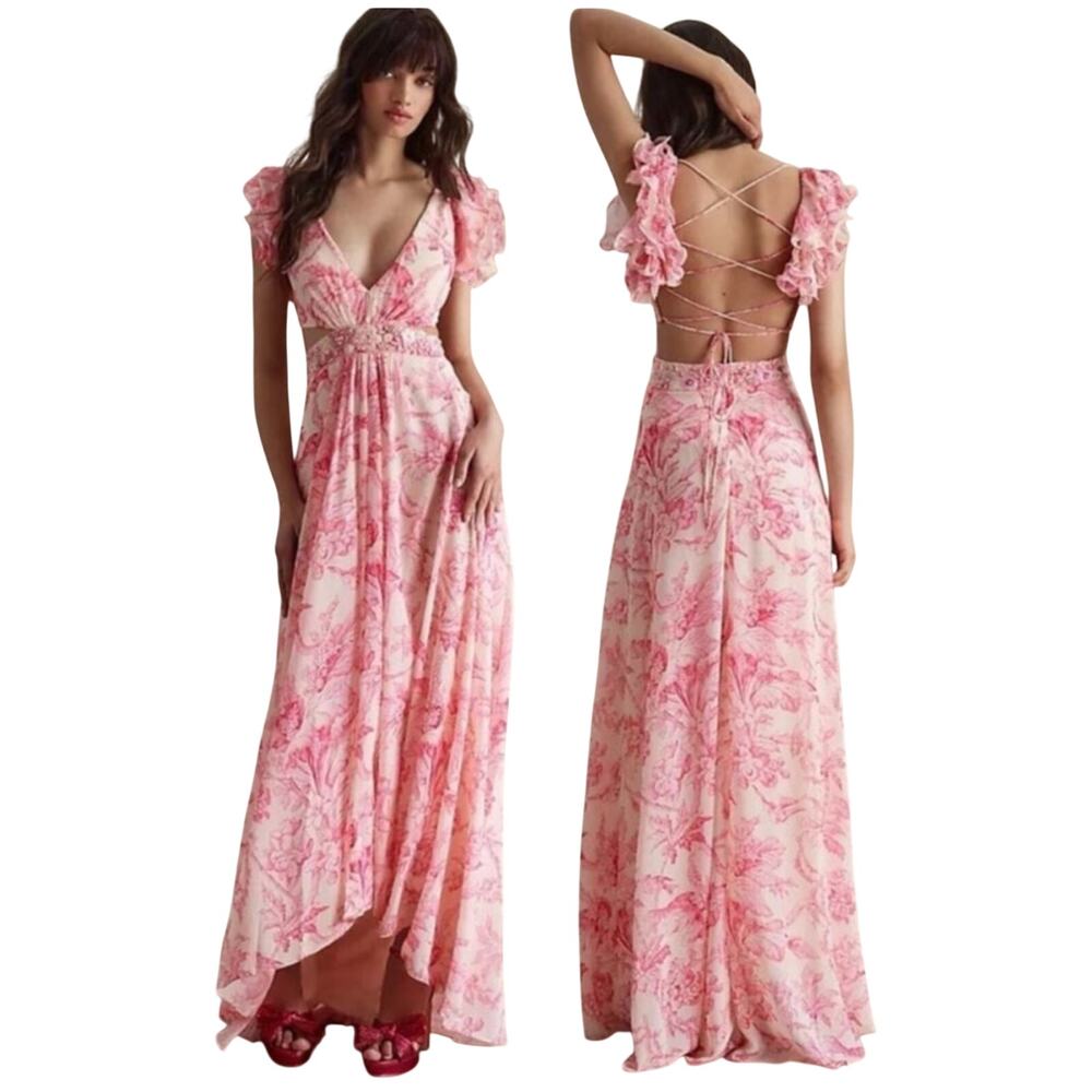 Mac Duggal NWT Pink Floral Printed Ruffle Shoulder Lace Up Gown Size 10 Beaded